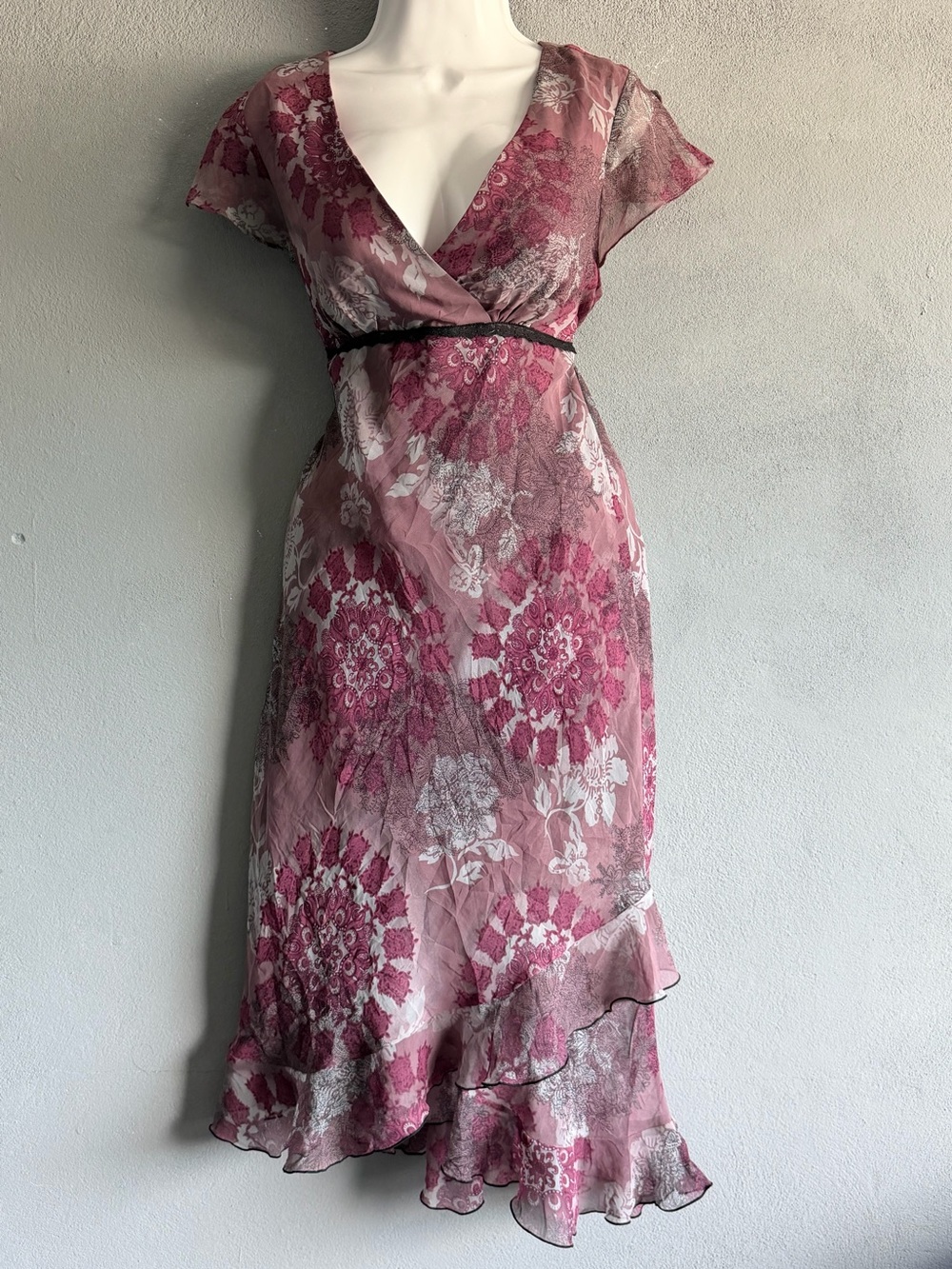 DBY Pink Floral Sheer Ruffle Midi Dress Size 11/12